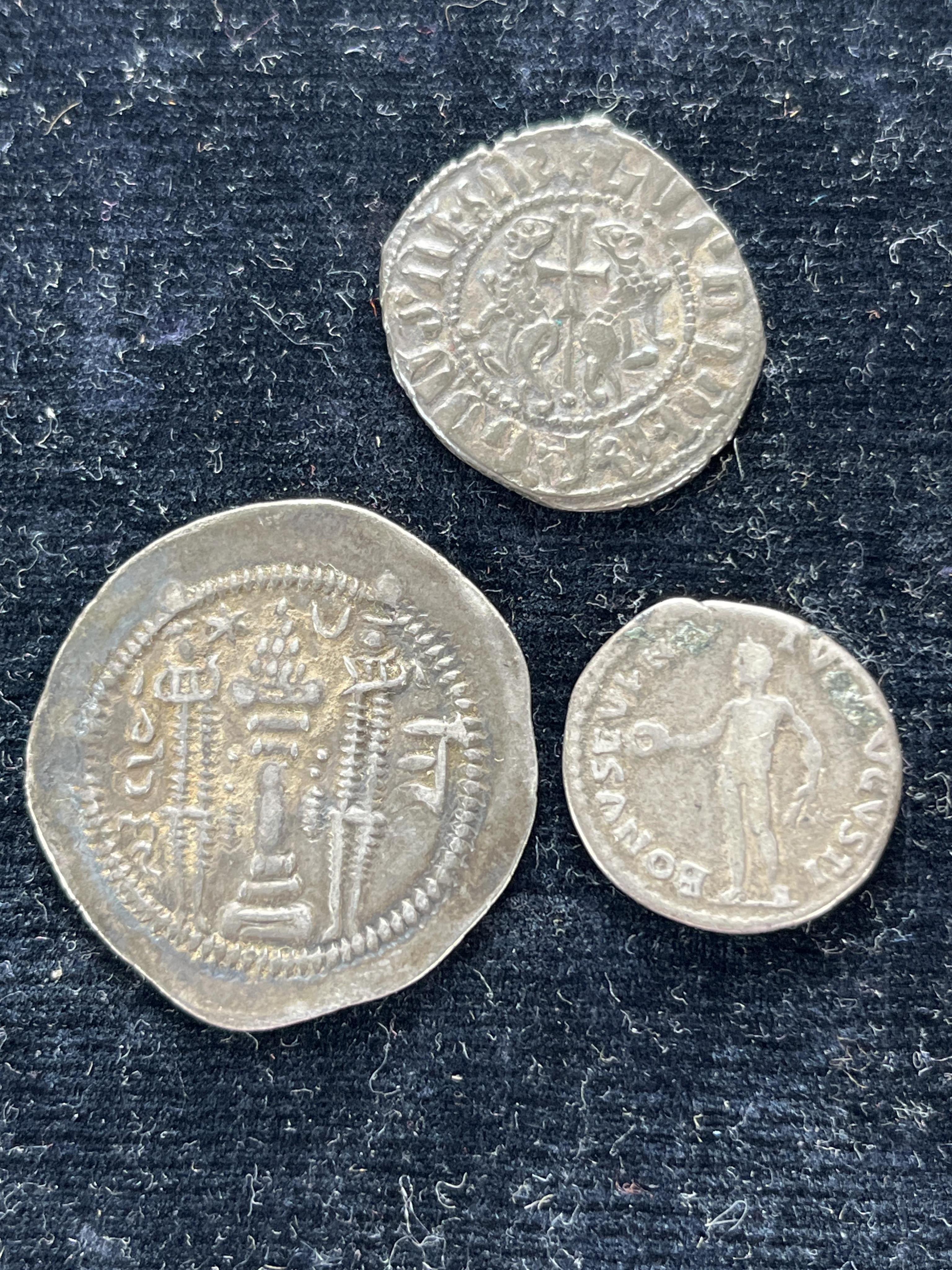 Persian coins, Sassanian Empire, AR Drachm, Kavad I (488-531AD), approx 4g, Roman, Vespasian AR denarius, 3.3g, Armenia, Levon I (1198-1219), AR tram, 3g